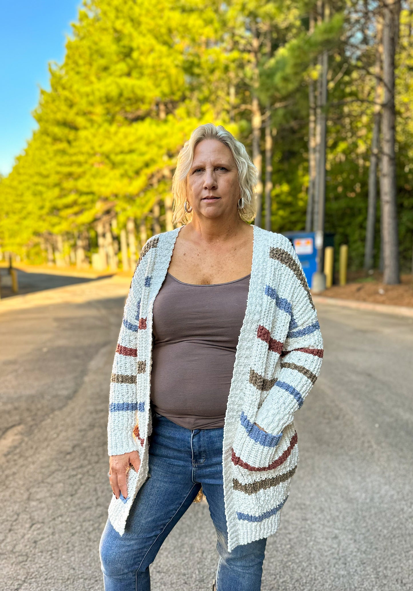 Striped Chunky Knit Sweater Cardigan in Ivory