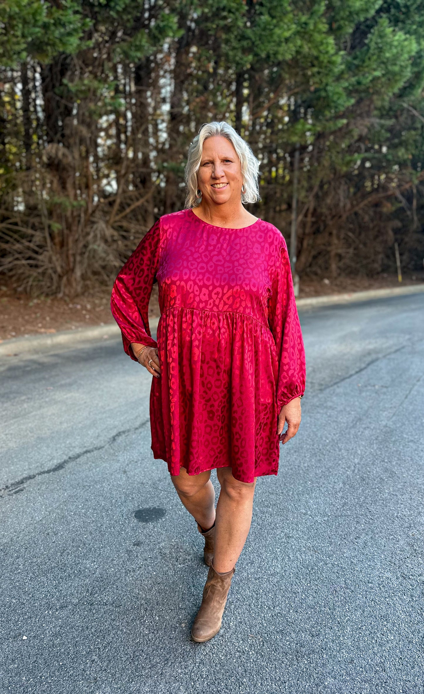Animal Jacquard Print Long Sleeve Dress in Burgundy