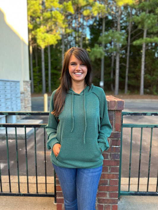 Long Puff Sleeve Ribbed Hoodie in Hunter Green