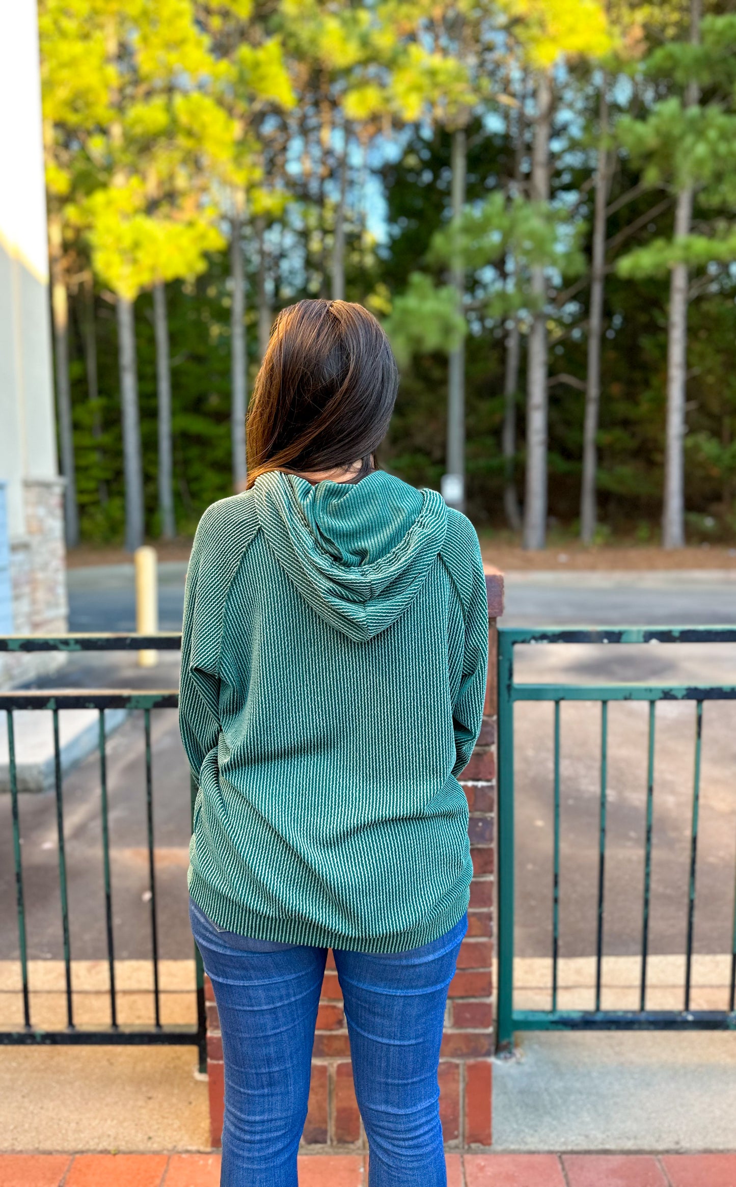 Long Puff Sleeve Ribbed Hoodie in Hunter Green
