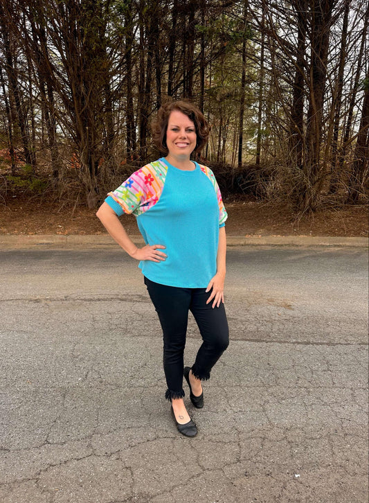 Floral Ribbed Top in Turquoise