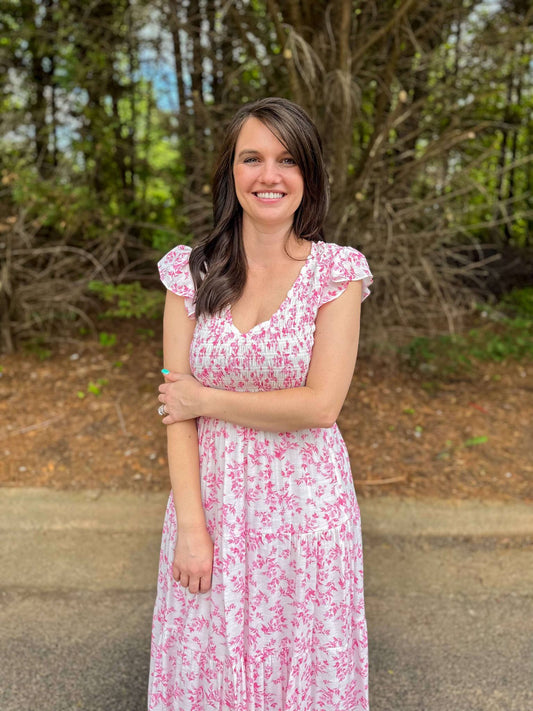 Floral Smocked Short Sleeve Midi Dress in Pink