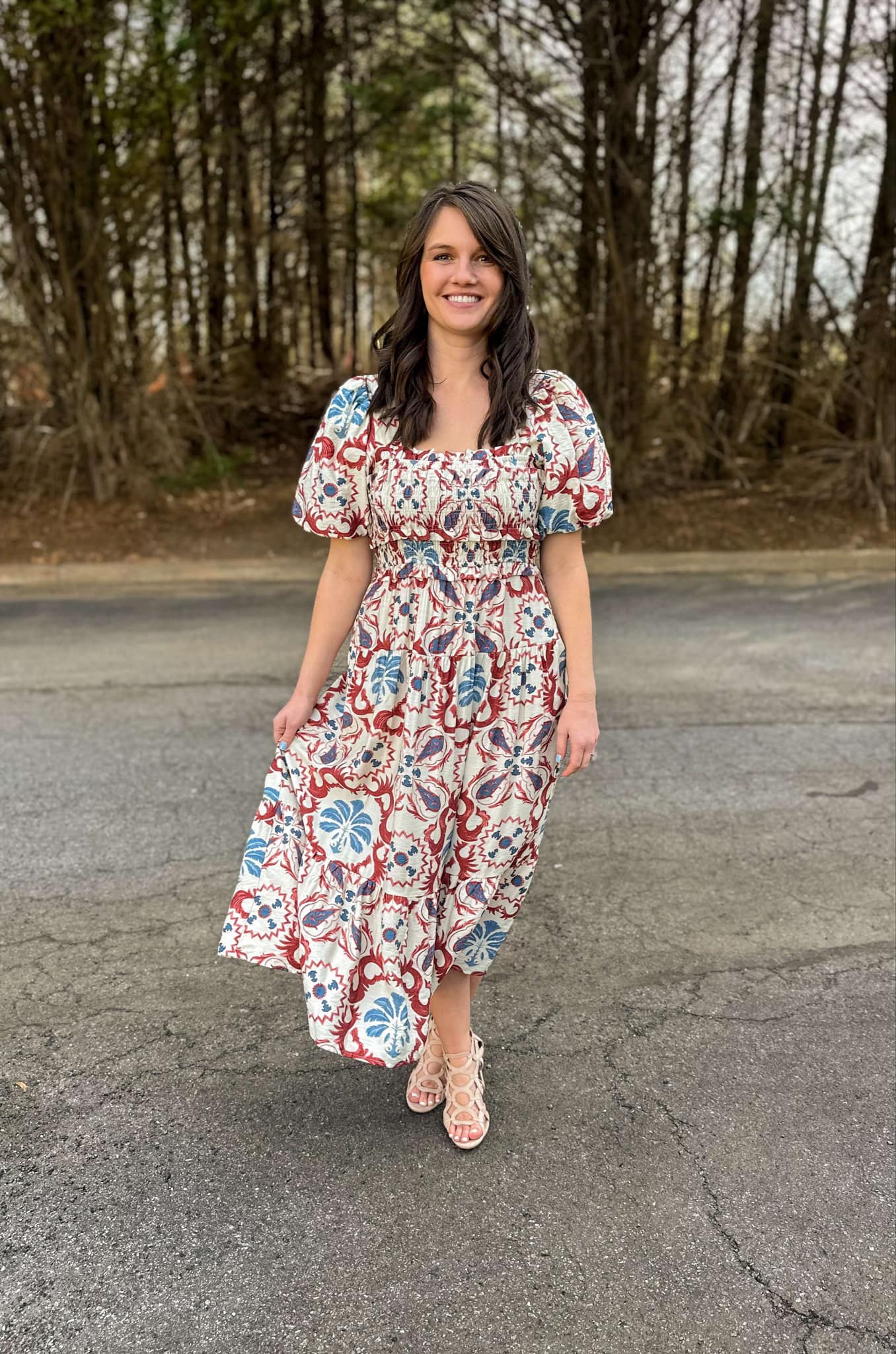 Square Neck Puff Sleeve Dress in Brick