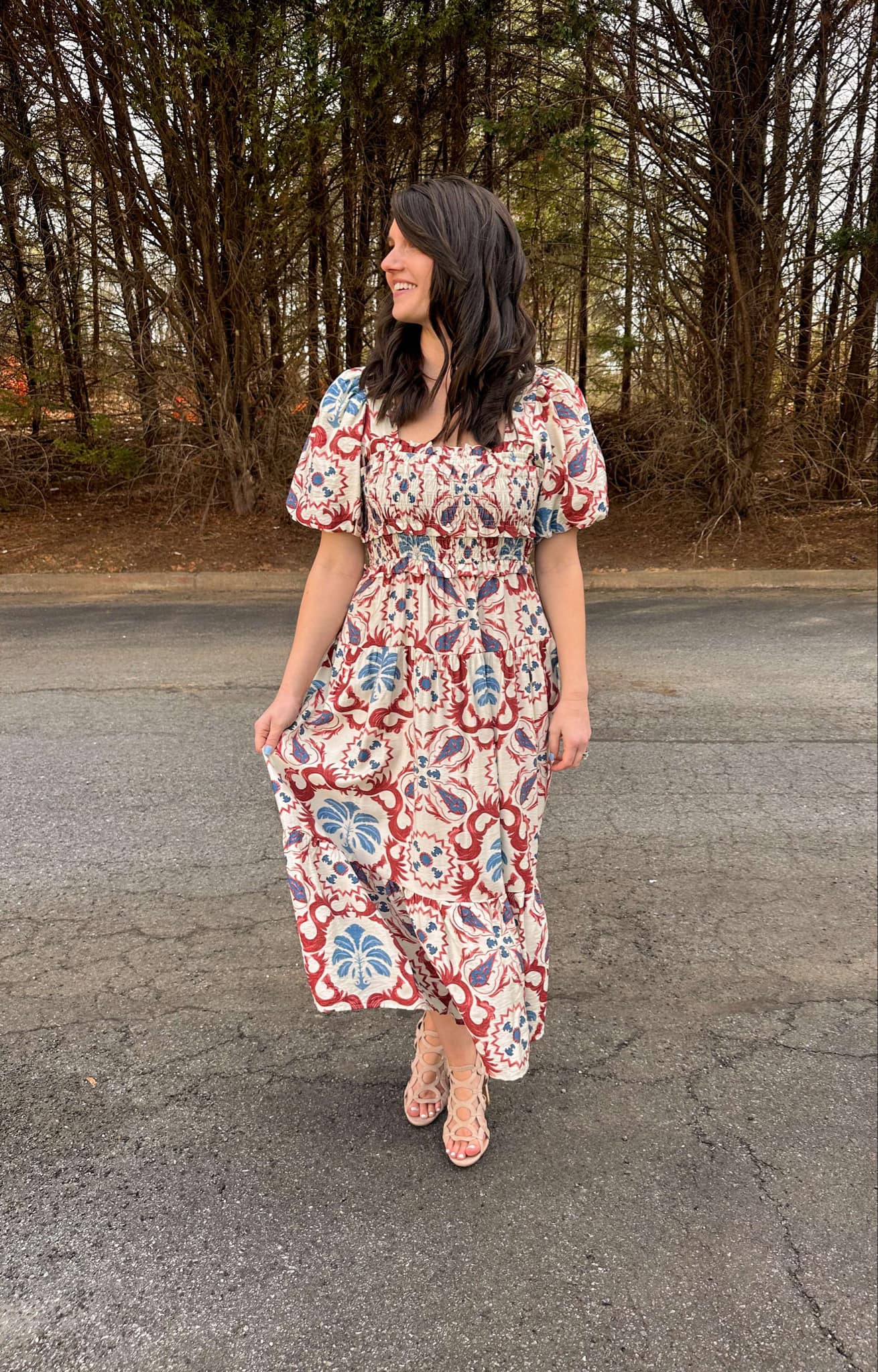 Square Neck Puff Sleeve Dress in Brick