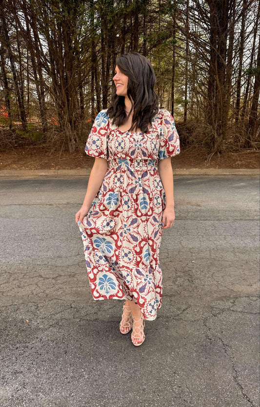 Square Neck Puff Sleeve Dress in Brick