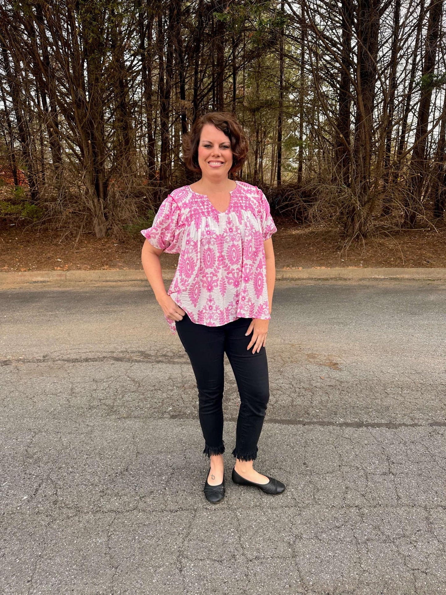 Smocked Short Sleeve Top in Pink