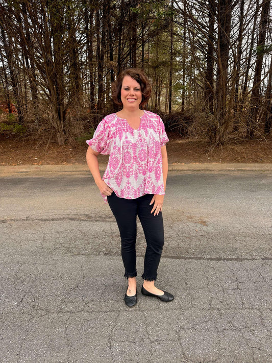 Smocked Short Sleeve Top in Pink