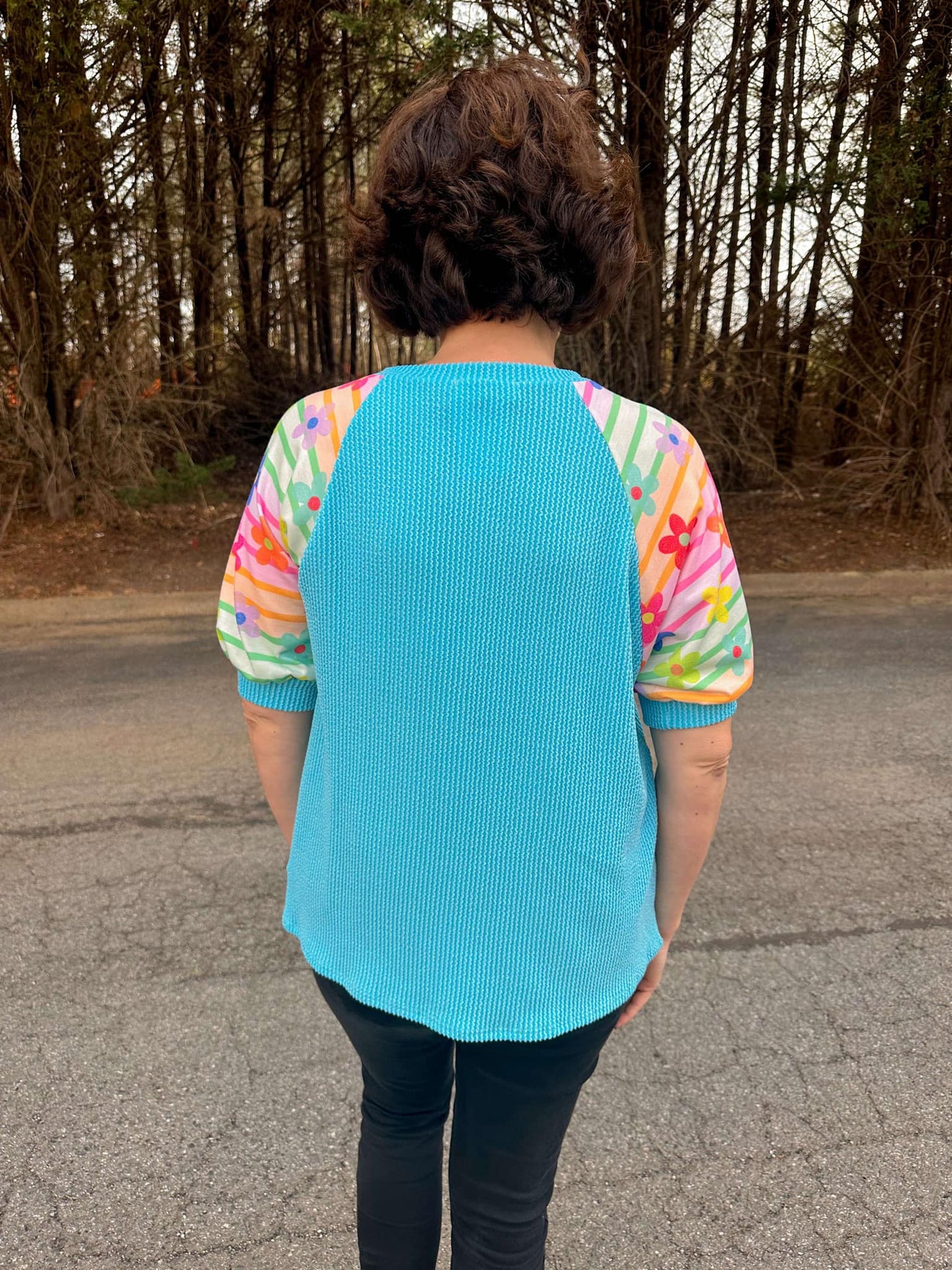 Floral Ribbed Top in Turquoise