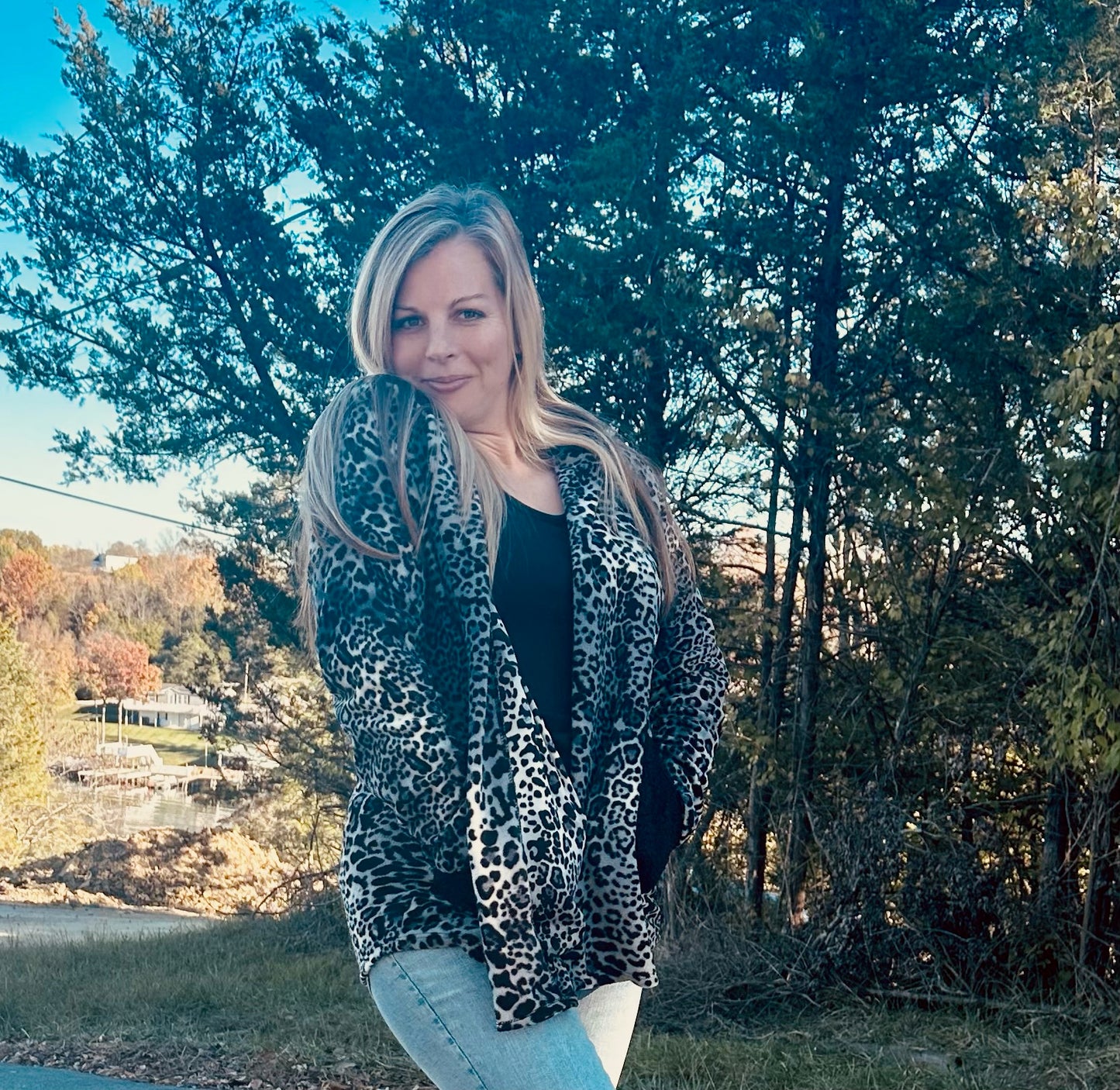 Animal Print Hoodie Cardigan in Black