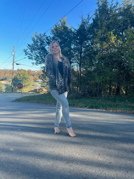 Animal Print Hoodie Cardigan in Black