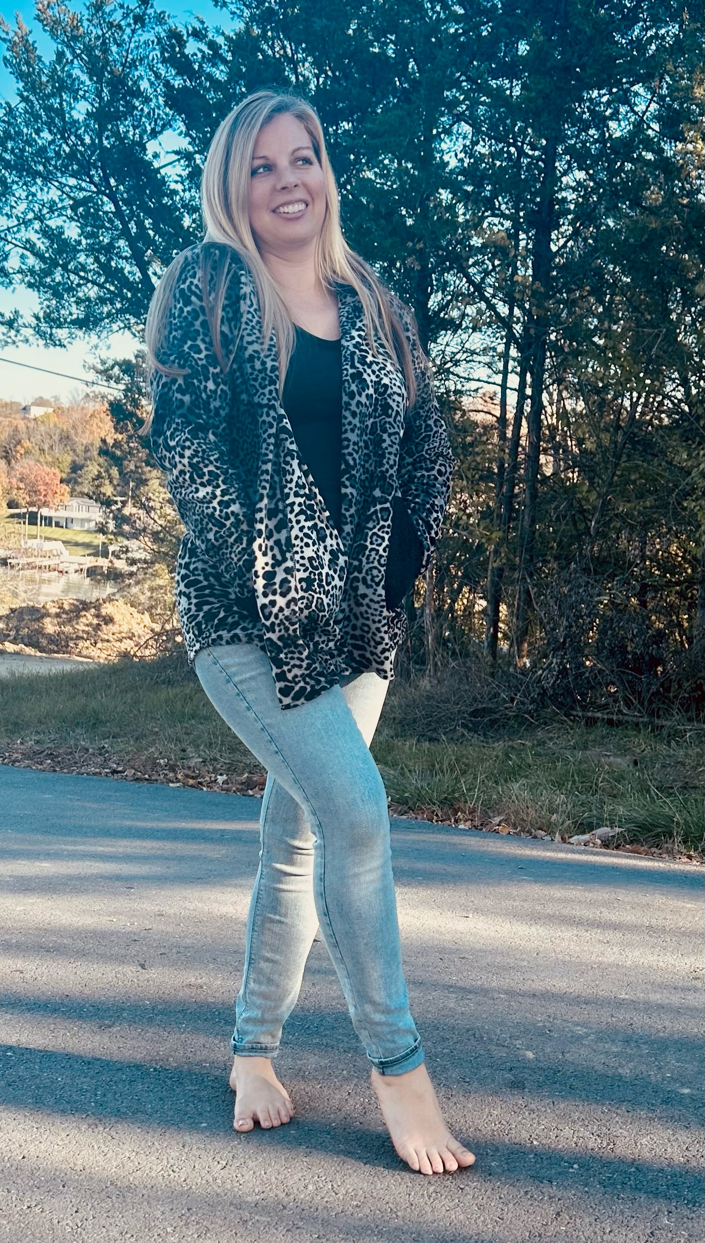 Animal Print Hoodie Cardigan in Black
