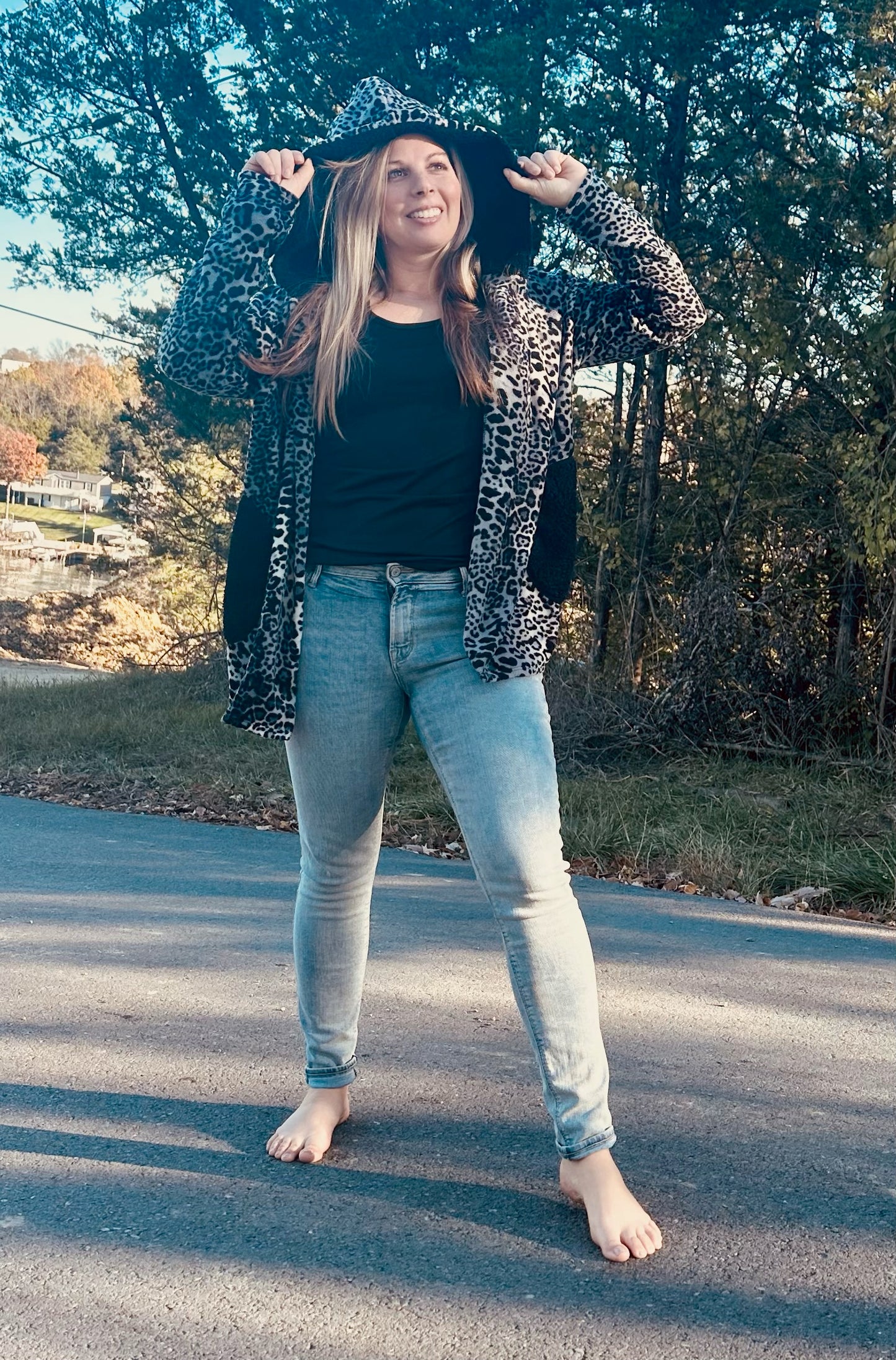 Animal Print Hoodie Cardigan in Black