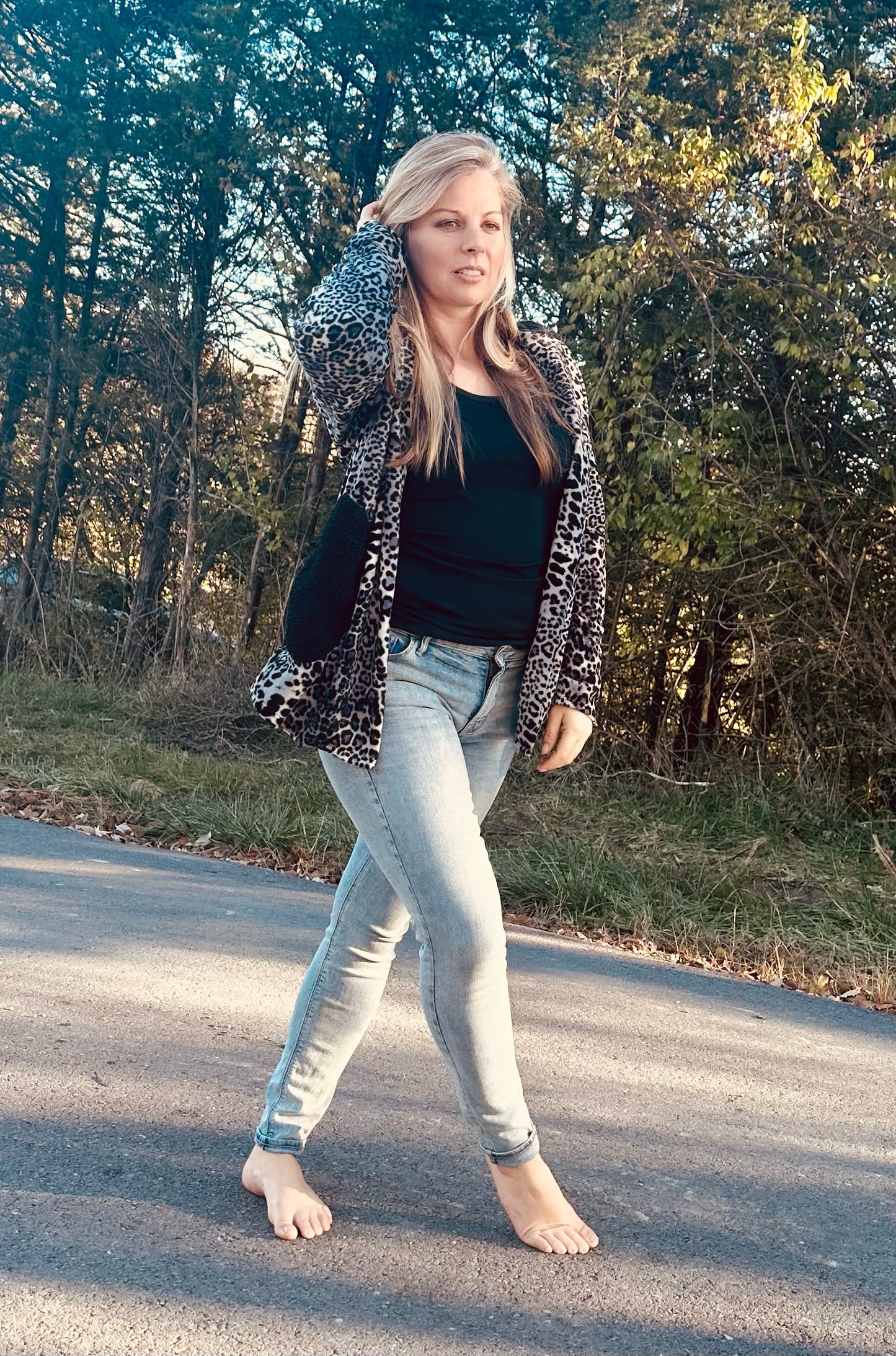 Animal Print Hoodie Cardigan in Black