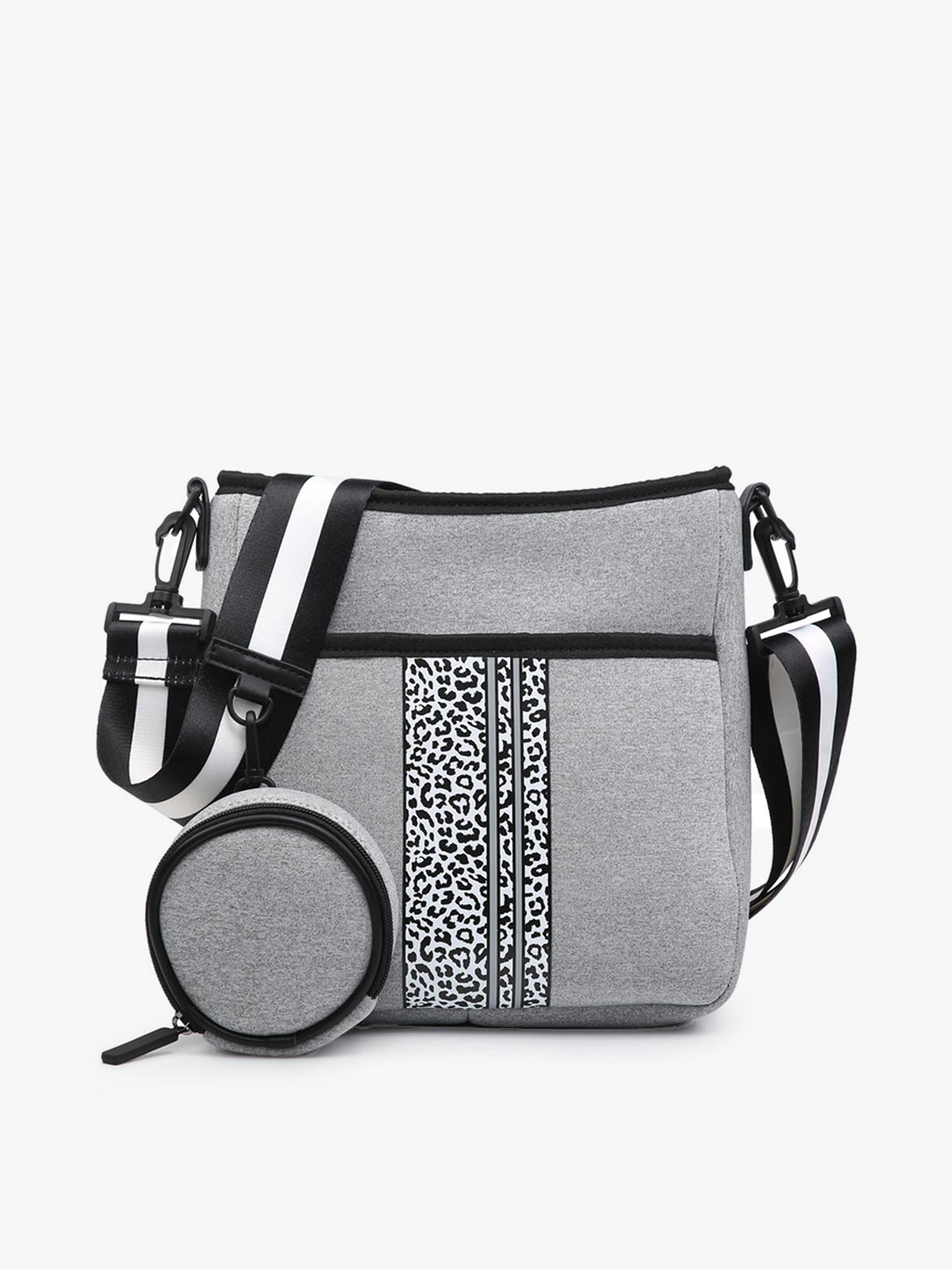 Printed/Striped Neoprene Crossbody w/Guitar Strap in Cheetah Grey