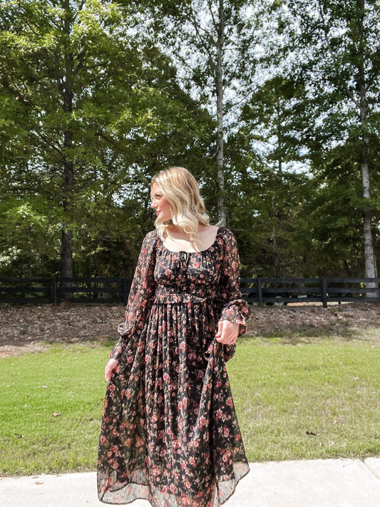 Square Neck Floral Midi Dress in Black