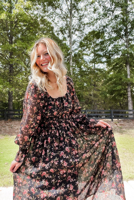 Square Neck Floral Midi Dress in Black