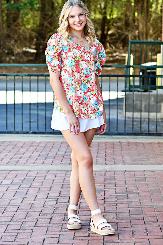 Pleated Puff Sleeve Woven Floral Print Top in Multi-Color
