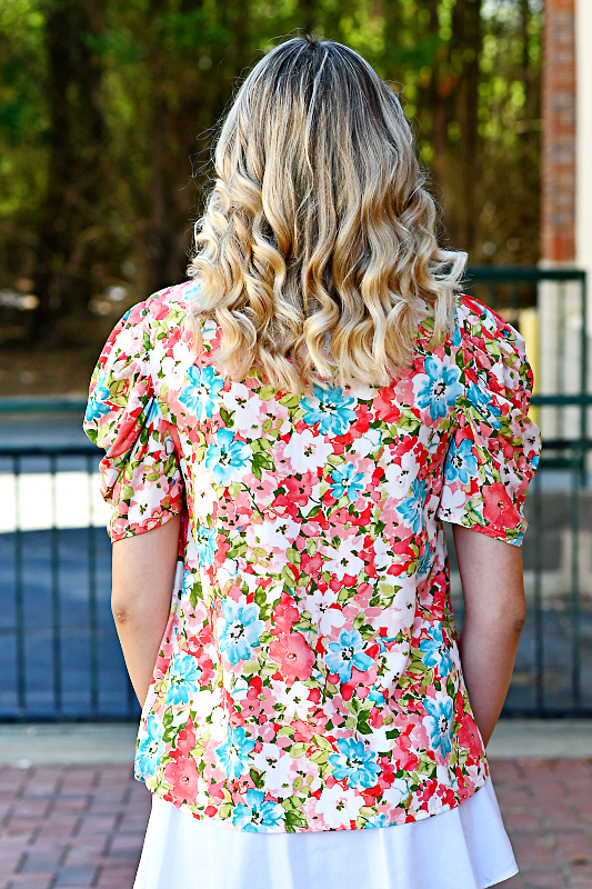 Pleated Puff Sleeve Woven Floral Print Top in Multi-Color