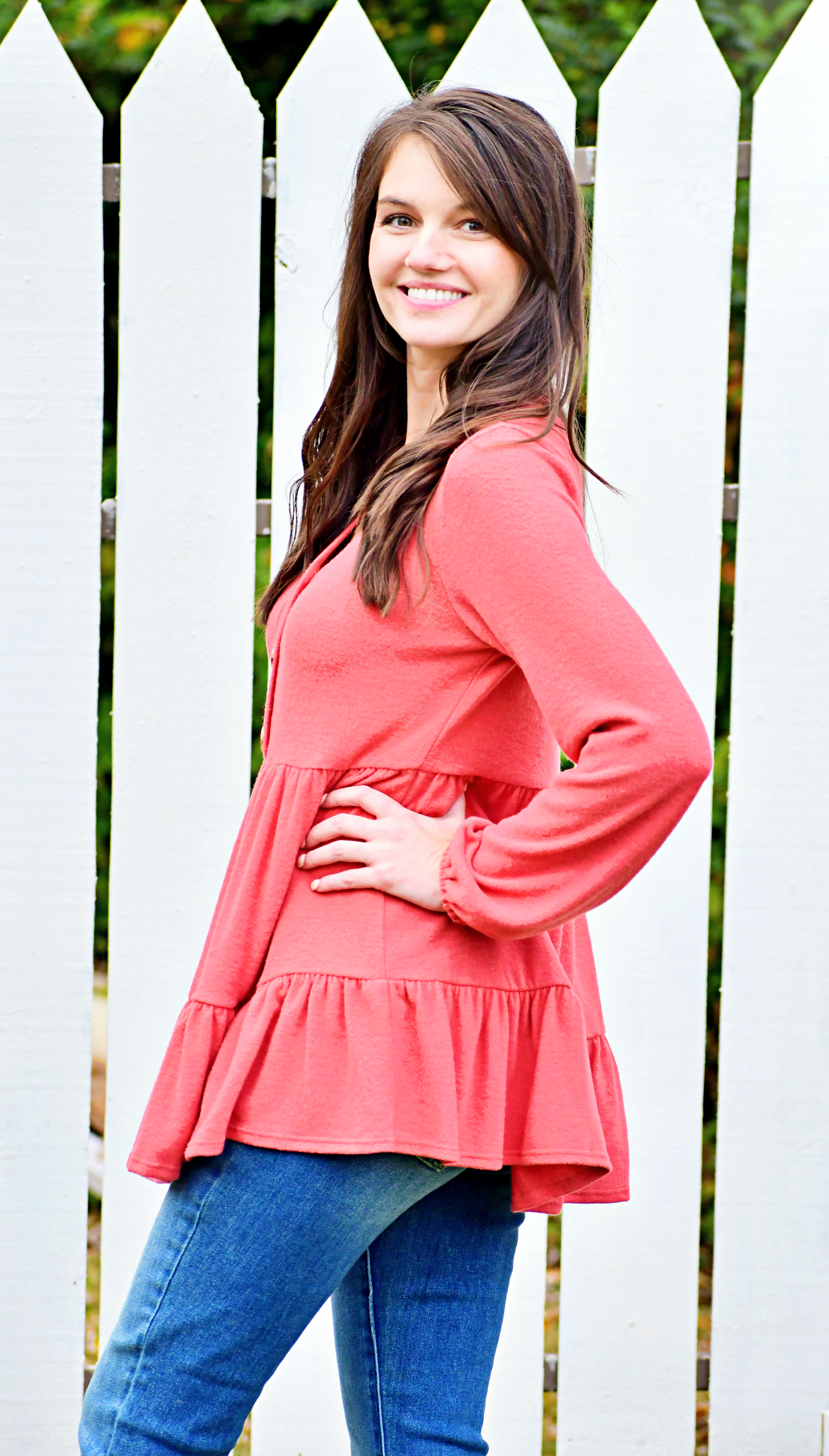 Long Sleeve Faux Button Empire Top in Marsala