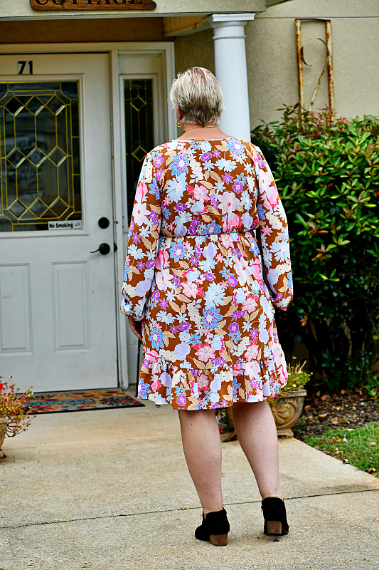 Long Puff Sleeve Babydoll Floral Mini Dress in Brown