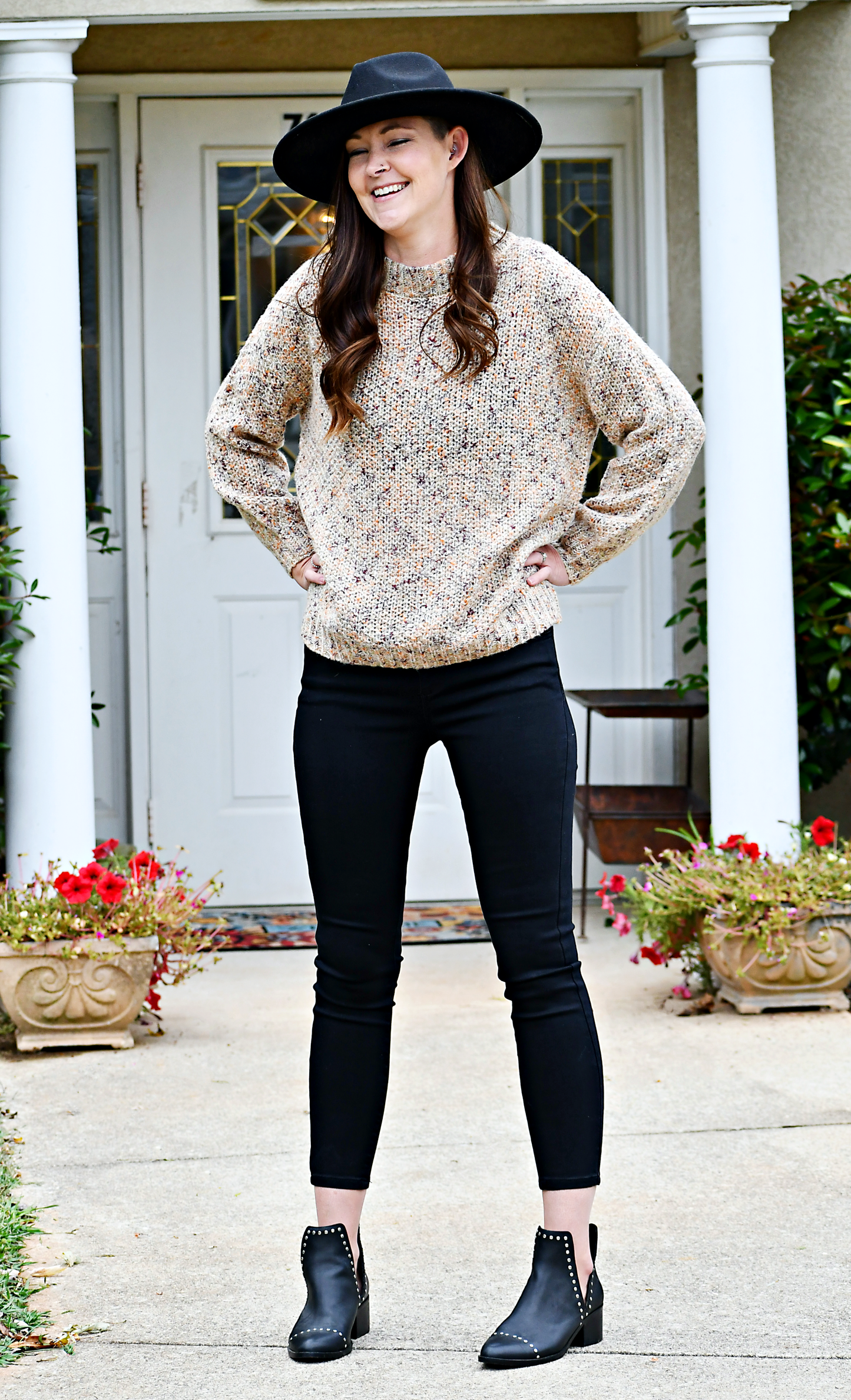 Crew Neck Knit Sweater in Taupe and Orange