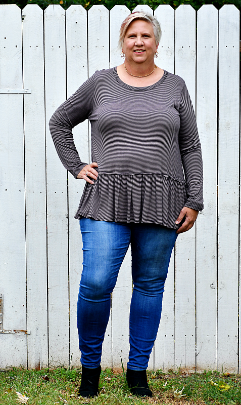 Pin Striped Tiered Hem Knit Top in Mocha and Black