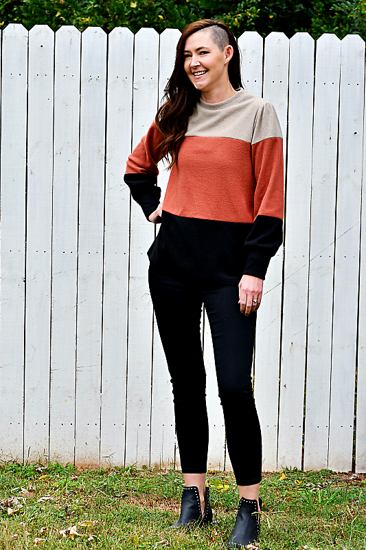 Long Puff Sleeve Color Block Ribbed Top in Taupe/Rust/Black