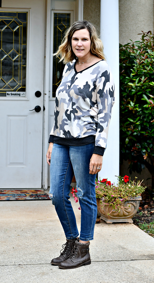 Camo French Terry Top in Grey