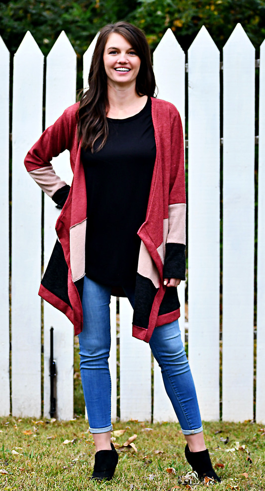 Ribbed Colorblock Open Cardigan in Mauve