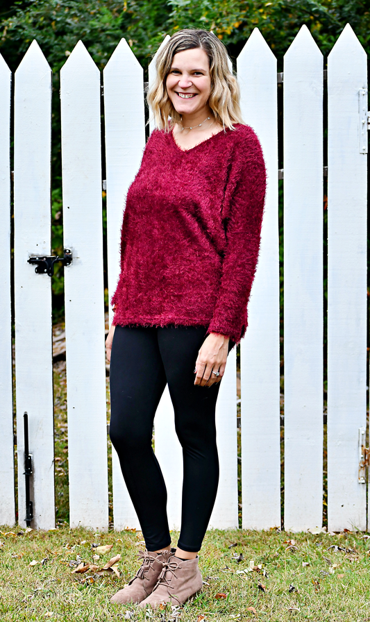 Fuzzy Feather Dolman Sleeve Sweater in Burgundy
