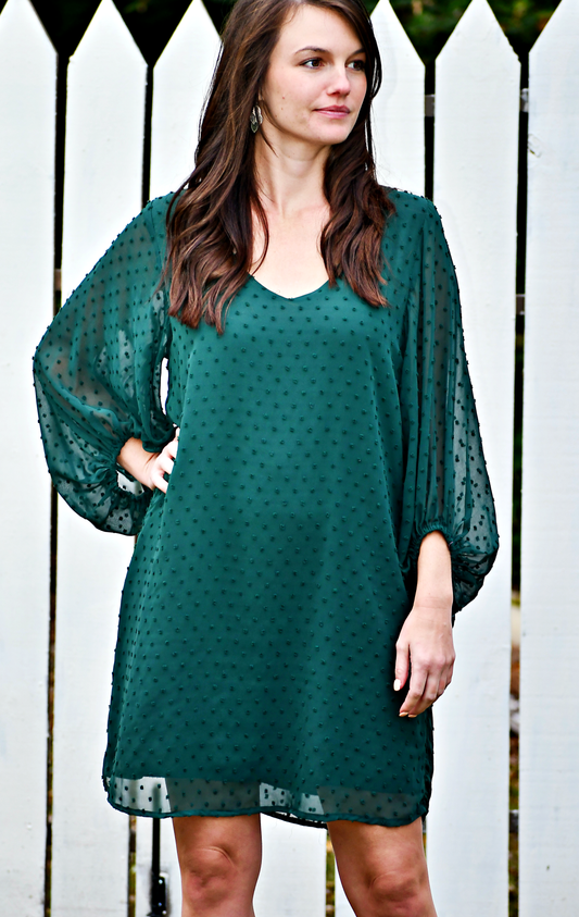 Scoop Neck Swiss Dot Balloon Sleeve Mini Dress in Hunter Green