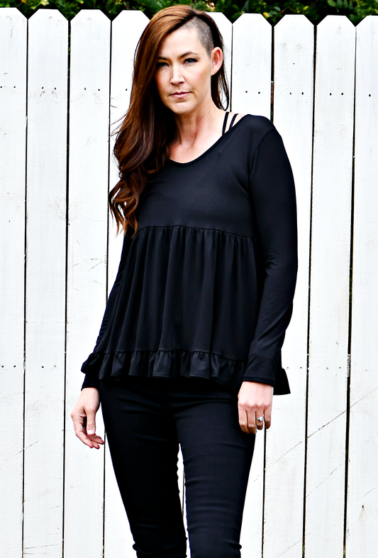 Ruffle Tiered Hem Babydoll Top in Black