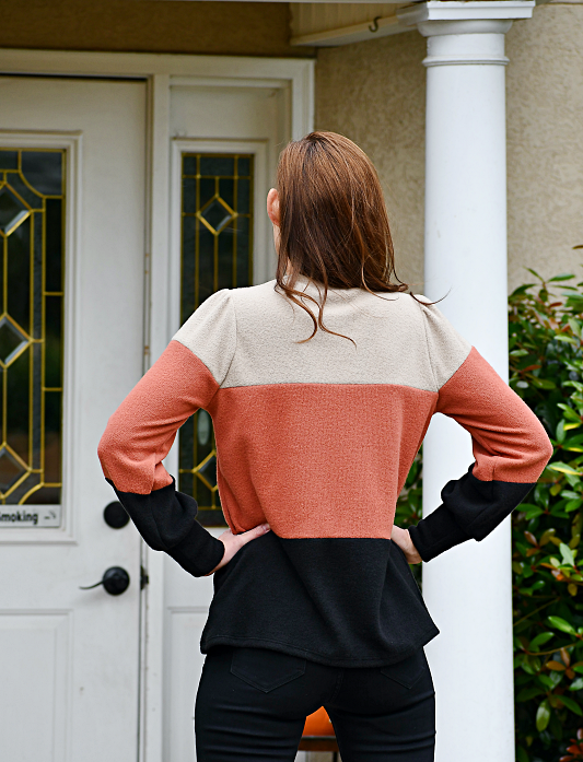 Long Puff Sleeve Color Block Ribbed Top in Taupe/Rust/Black