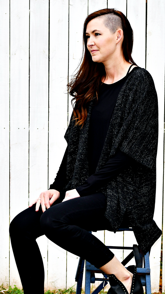 Short Sleeve Heathered Knit Cardigan in Black