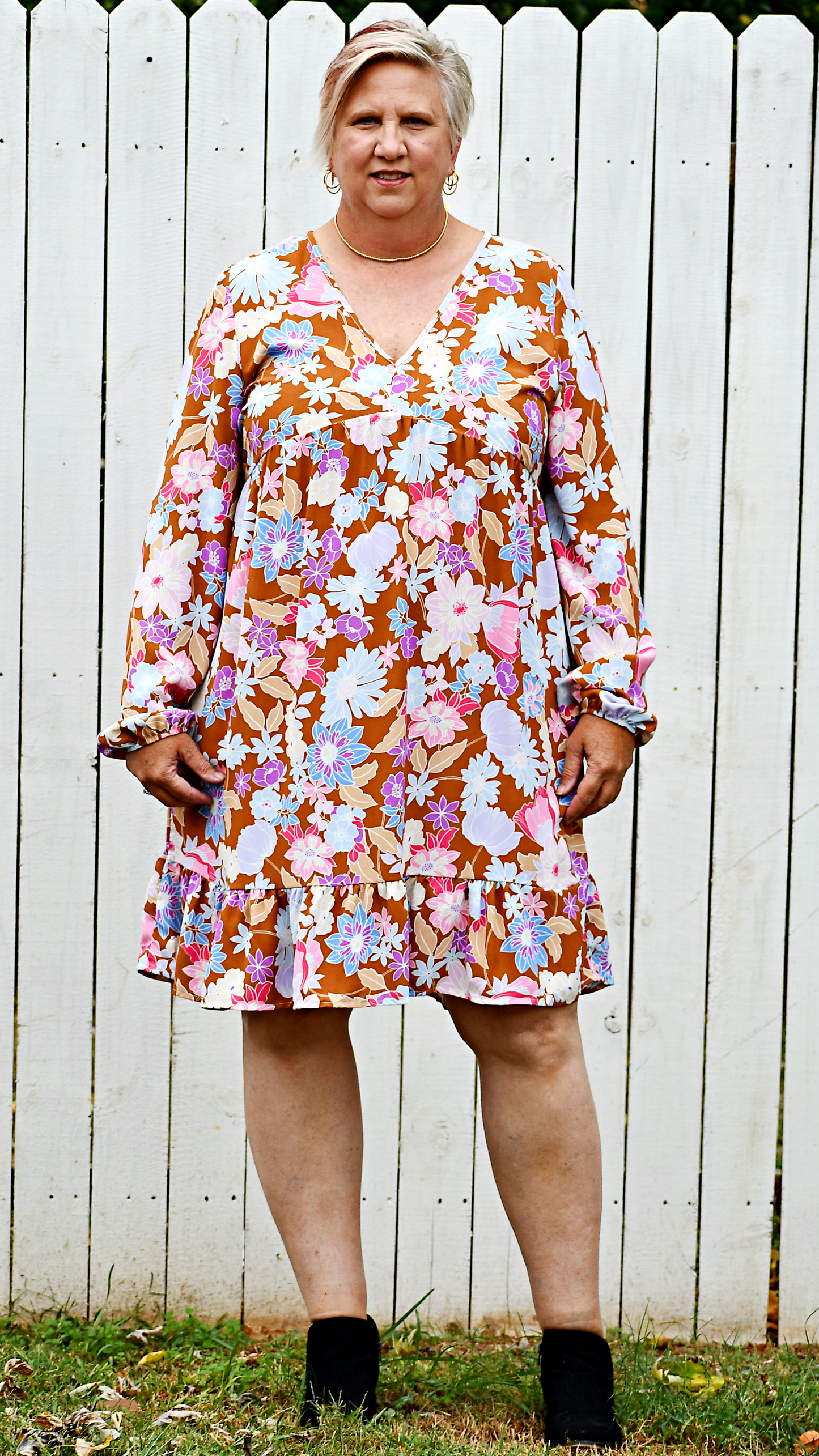 Long Puff Sleeve Babydoll Floral Mini Dress in Brown