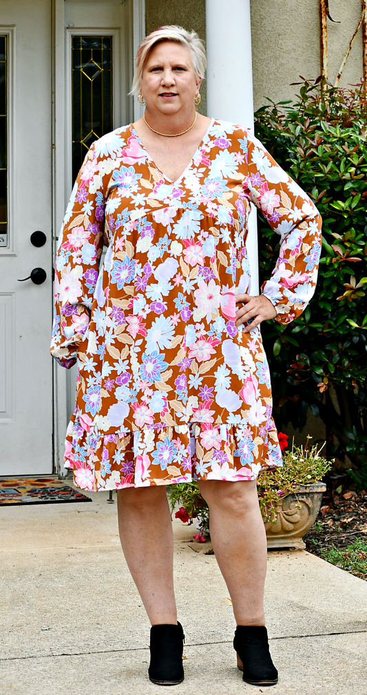 Long Puff Sleeve Babydoll Floral Mini Dress in Brown