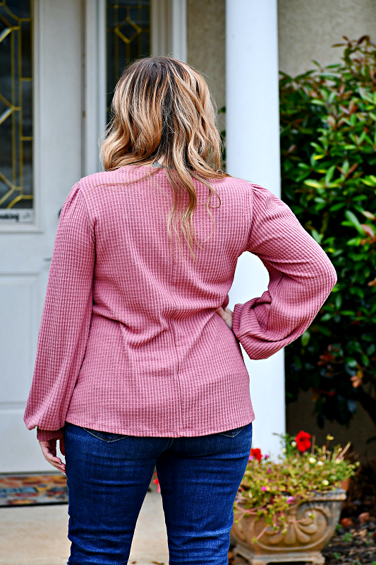 Puff Sleeved Waffle Knit Top in Mauve