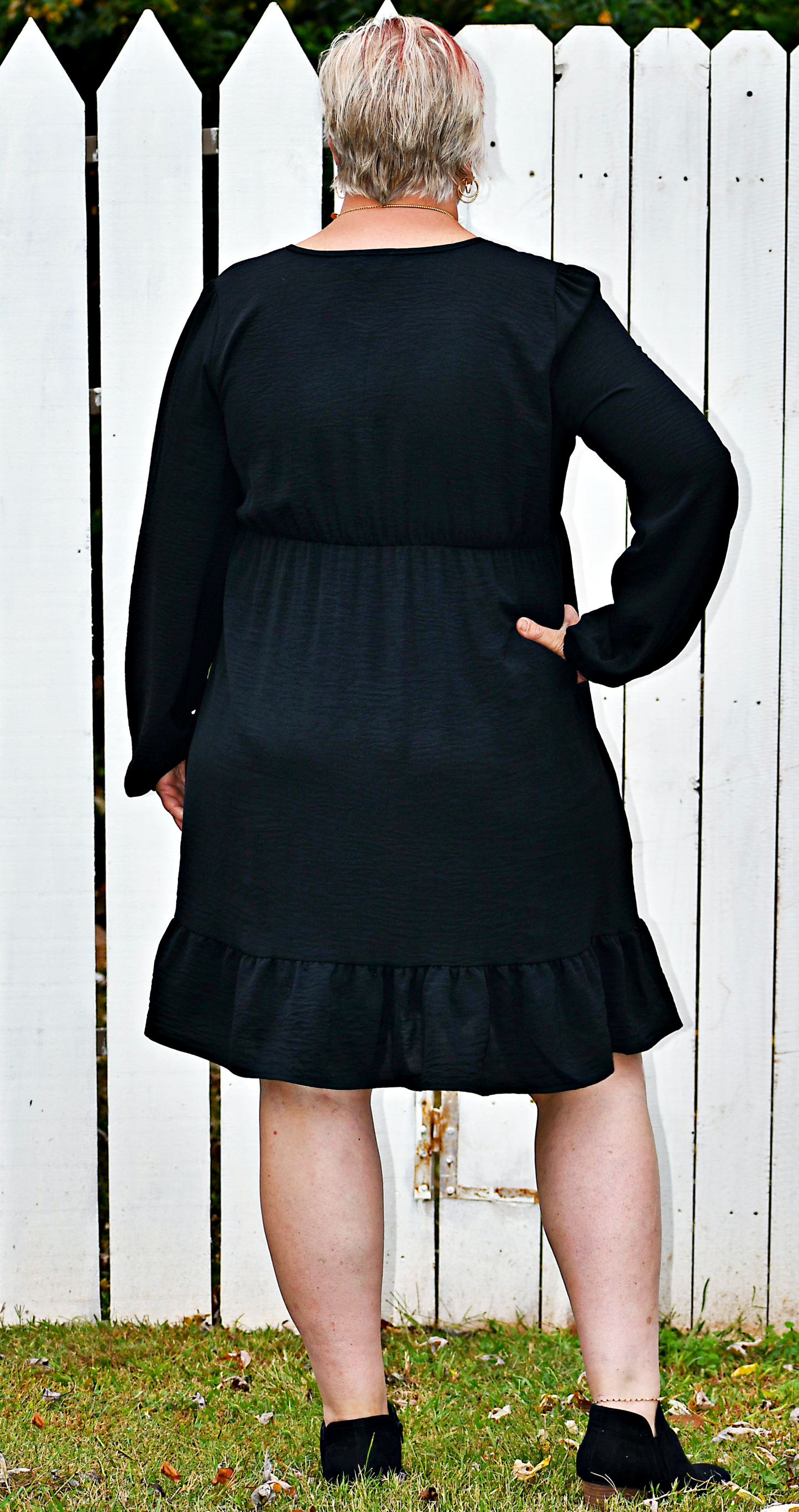 Long Puff Sleeve Babydoll Mini Dress in Black