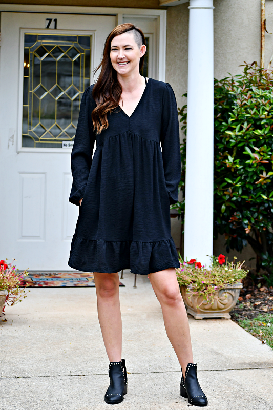 Long Puff Sleeve Babydoll Mini Dress in Black