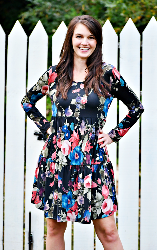 Floral Long Sleeved Tiered Dress in Black