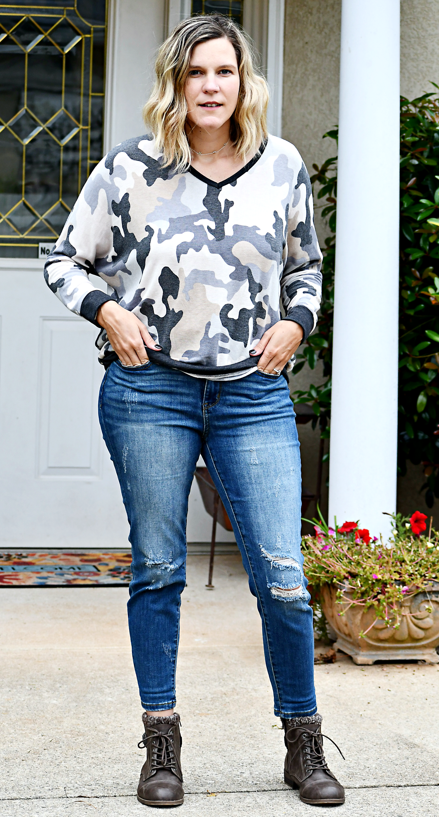 Camo French Terry Top in Grey