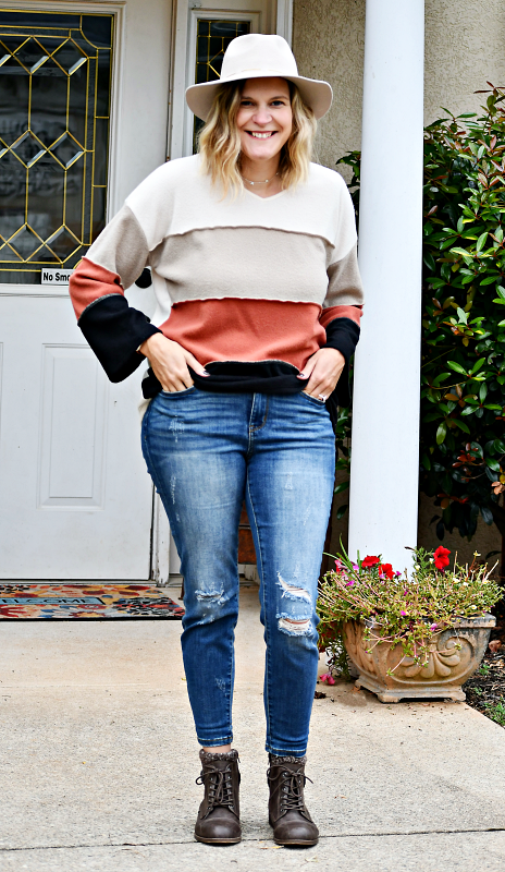 Color Block Reversed Coverstitch Detail Top in Cream/Rust/Taupe