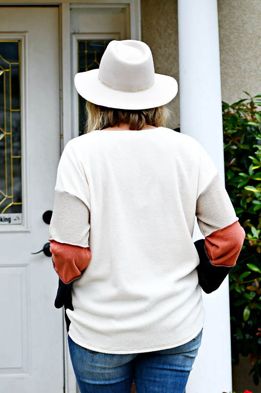 Color Block Reversed Coverstitch Detail Top in Cream/Rust/Taupe