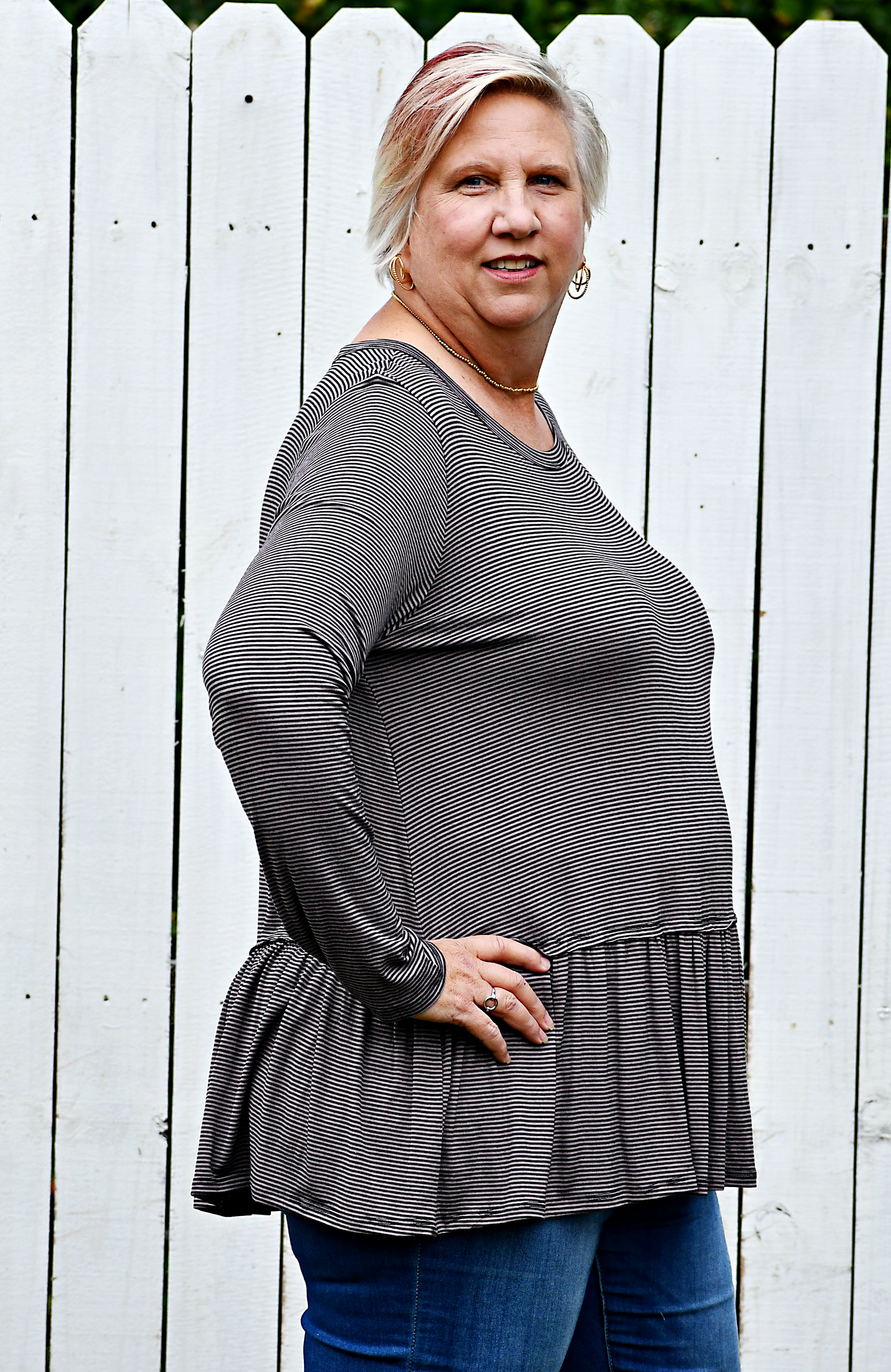 Pin Striped Tiered Hem Knit Top in Mocha and Black