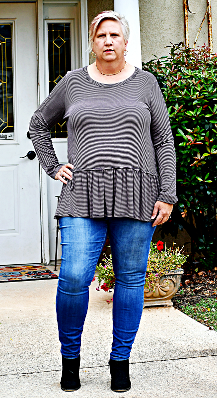 Pin Striped Tiered Hem Knit Top in Mocha and Black