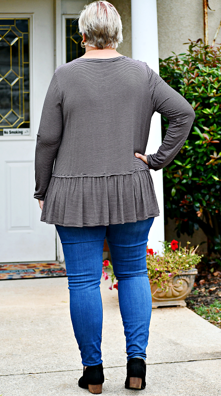 Pin Striped Tiered Hem Knit Top in Mocha and Black