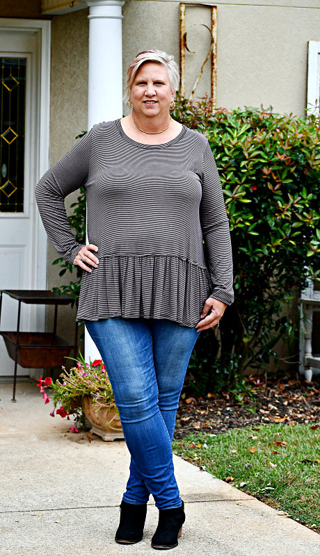 Pin Striped Tiered Hem Knit Top in Mocha and Black