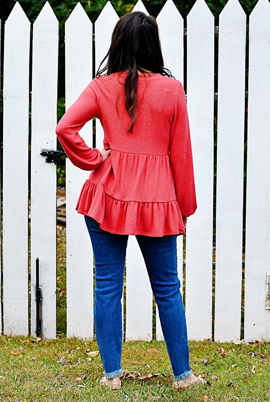 Long Sleeve Faux Button Empire Top in Marsala