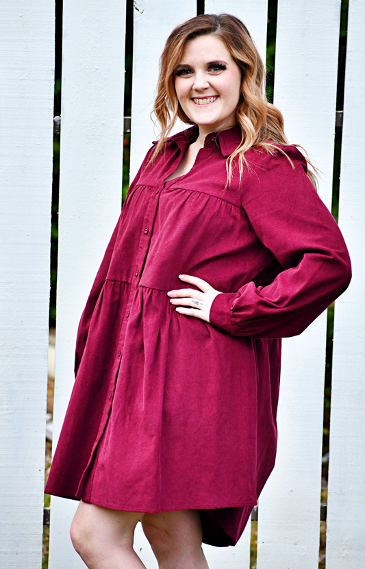 Corduroy Button Down Tiered Dress in Wine