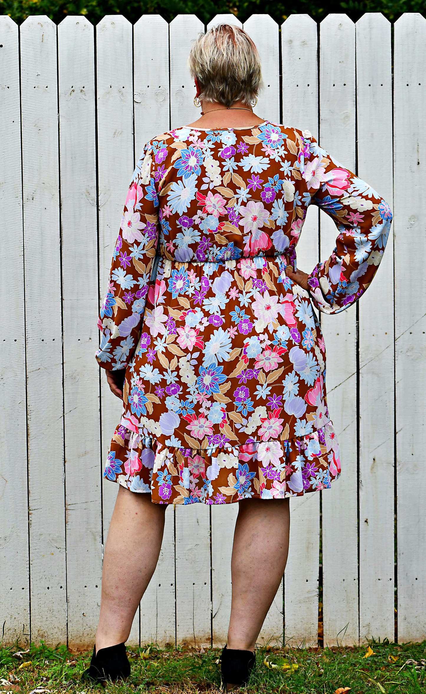 Long Puff Sleeve Babydoll Floral Mini Dress in Brown